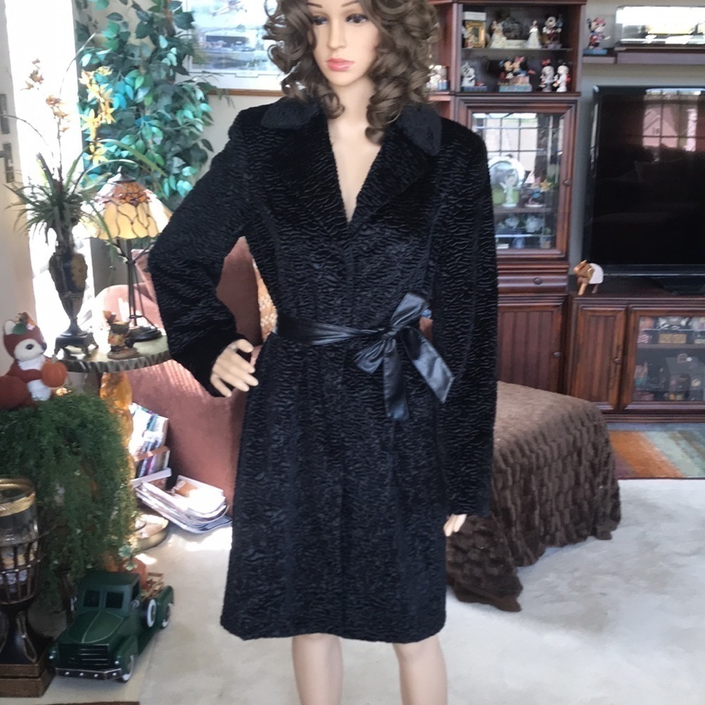 Style & Co. Black Belted Ribbed Velvet Coat Snap Closure
